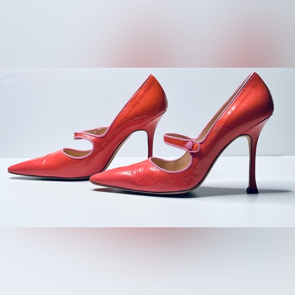 Manolo Blahnik Campari Patent Leather Pink Mary Jane Pumps Heels Shoes - Picture 3 of 10